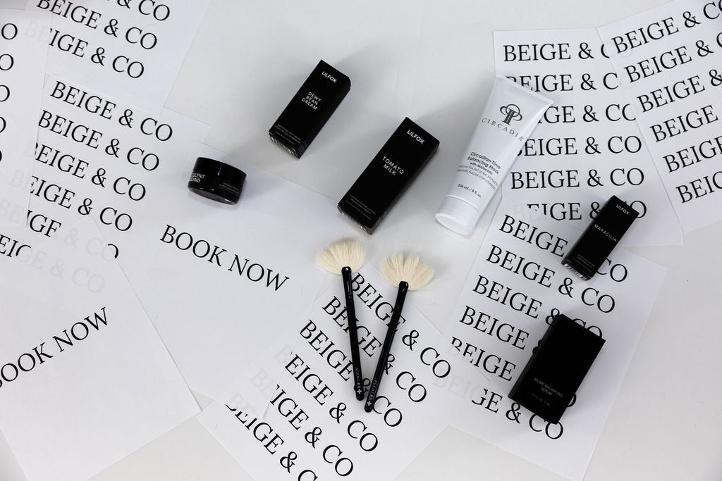 Circadia and LILFOX skincare products arranged on Beige and Company branded cards at the salon spa in Saint Charles, Missouri